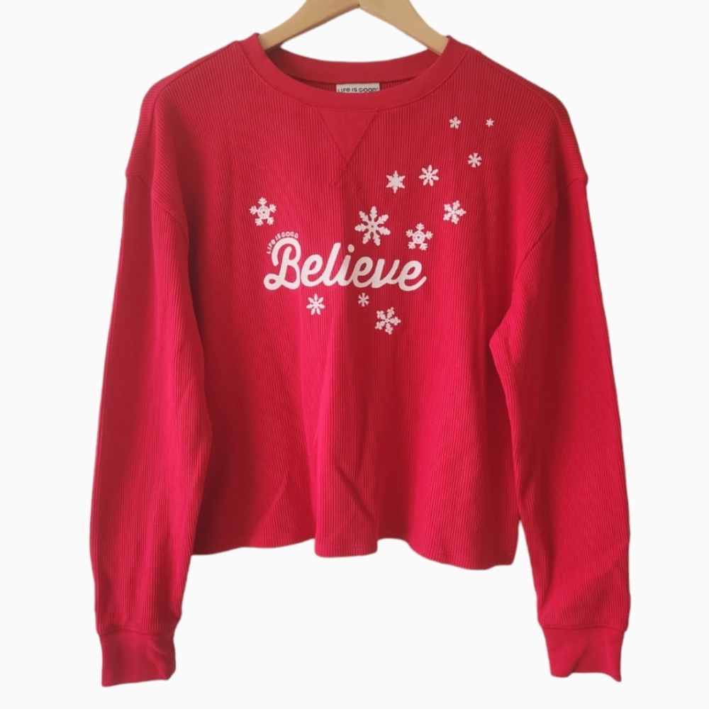 Life Is Good Red Thermal Long Sleeve Believe Sleep Top NEW Women's Sz Small